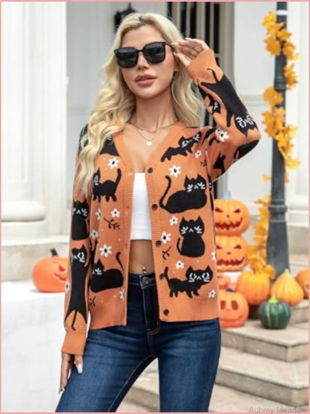 Knit Cat Cardigan Sweater Button Down V Neck Fall Winter Open Front